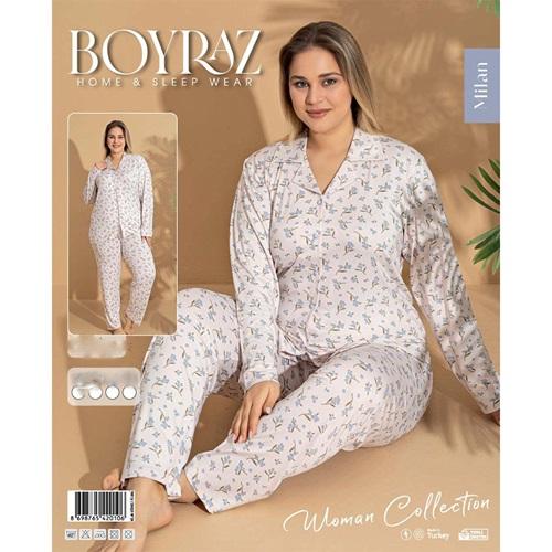Boyraz 01073 Bayan Milan Desenli Uzun Kollu Ceket Yakalı Pijama Takımı S-2XL