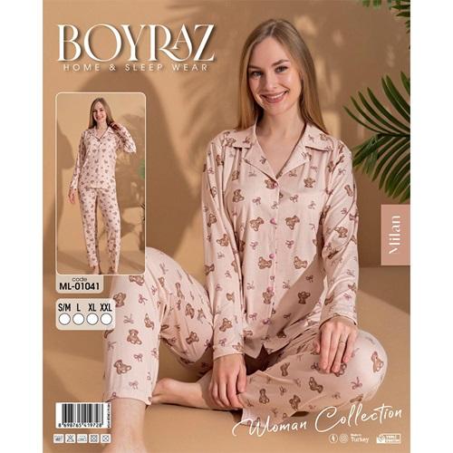 Boyraz 01041 Bayan Milan Desenli Uzun Kollu Ceket Yakalı Pijama Takımı S-2XL
