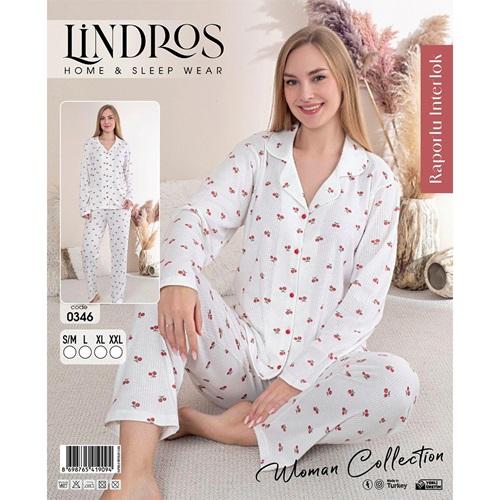 Lindros 0346 Bayan Raporlu İnterlok Düğmeli Desenli Uzun Kollu Pijama Takımı S-2XL