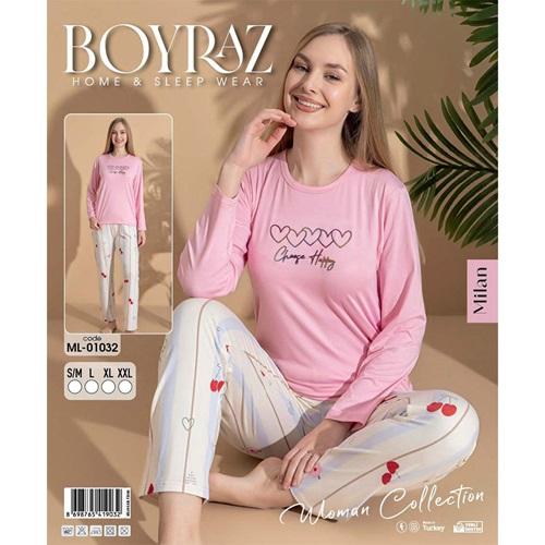Boyraz Ml-01032 Bayan Milan Desenli Uzun Kollu Pijama Takımı S-2XL