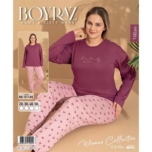 Boyraz Ml-01145 Bayan Milan Battal Desenli Uzun Kollu Pijama Takımı 2XL-5XL - 41136-Karışık -2XL-3XL-4XL-5XL