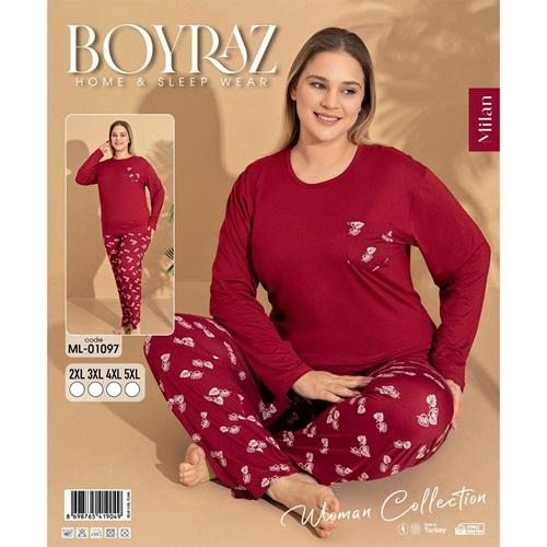 Boyraz Ml-01097 Bayan Milan Battal Desenli Uzun Kollu Pijama Takımı 2XL-5XL