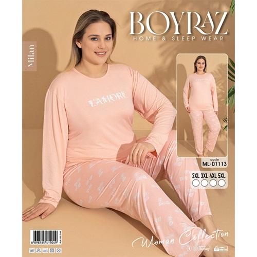 Boyraz Ml-01113 Bayan Milan Battal Desenli Uzun Kollu Pijama Takımı 2XL-5XL