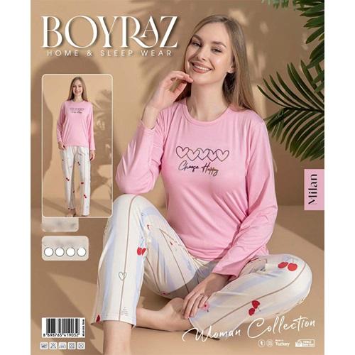Boyraz Ml-01038 Bayan Milan Battal Desenli Uzun Kollu Pijama Takımı 2XL-5XL