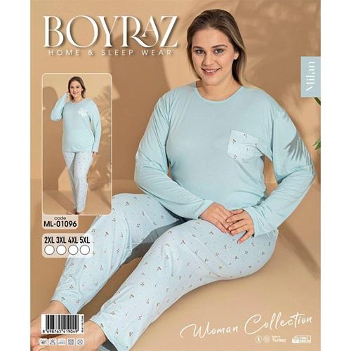 Boyraz Ml-01096 Bayan Milan Battal Desenli Uzun Kollu Pijama Takımı 2XL-5XL