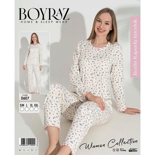 Boyraz 0607 Bayan Berlin Raporlu İntorluk Dantelli Uzun Kollu Pijama Takımı S-2XL