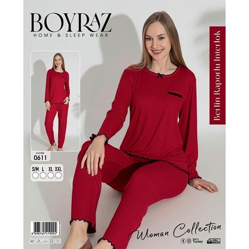 Boyraz 0611 Bayan Berlin Raporlu İntorluk Dantelli Uzun Kollu Pijama Takımı S-2XL