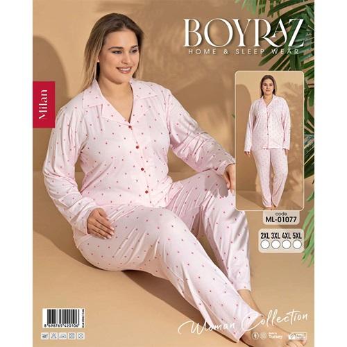 Boyraz Ml-01077 Bayan Battal Milan Desenli Uzun Kollu Ceket Yakalı Pijama Takımı 2XL-5XL