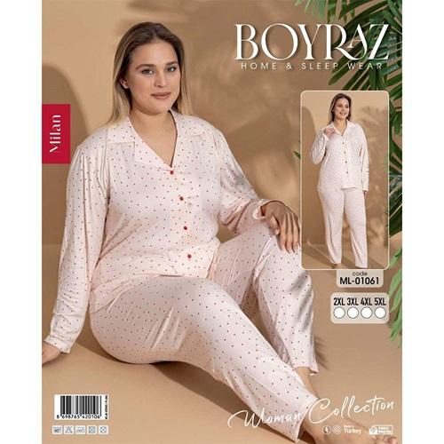 Boyraz Ml-01061 Bayan Battal Milan Desenli Uzun Kollu Ceket Yakalı Pijama Takımı 2XL-5XL