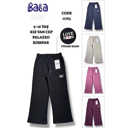 Bala 0763 Kız Çocuk Kompak Penye Love Baskılı Geniş Paça Eşofman Alt 9-12 Yaş