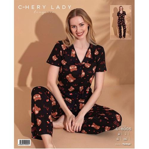 Chery Lady C 8005 Bayan Penye Desenli Kısa Kol Pijama Takım M-2XL - Karışık Renk - M-L-XL-2XL