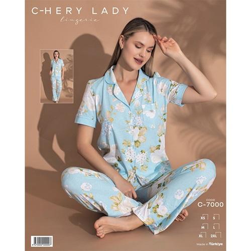 Chery Lady C 7000 Bayan Penye Desenli Kısa Kol Pijama Takım M-2XL