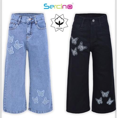 Sercino 57644 Kız Çocuk 3 Kelebek Taşlı Geniş Paça Pamuklu Kot Pantolon 11-15 Yaş