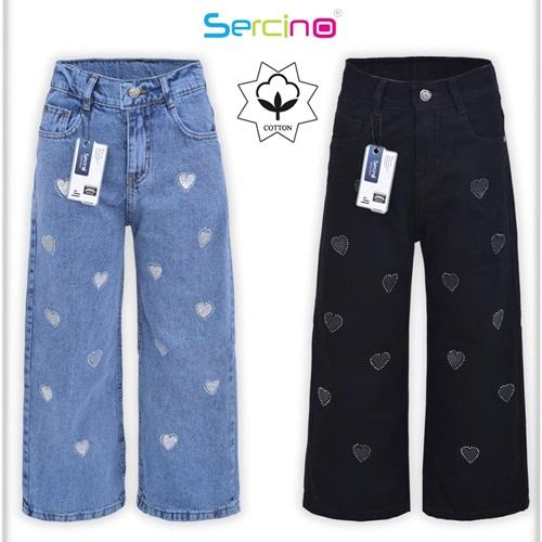 Sercino 57614 Kız Çocuk Taşlı Kalp Baskılı Geniş Paça Pamuklu Kot Pantolon 11-15 Yaş