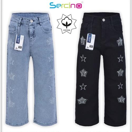 Sercino 57654 Kız Çocuk Taşlı Sıralı Yıldız Baskılı Geniş Paça Pamuklu Kot Pantolon 11-15 Yaş