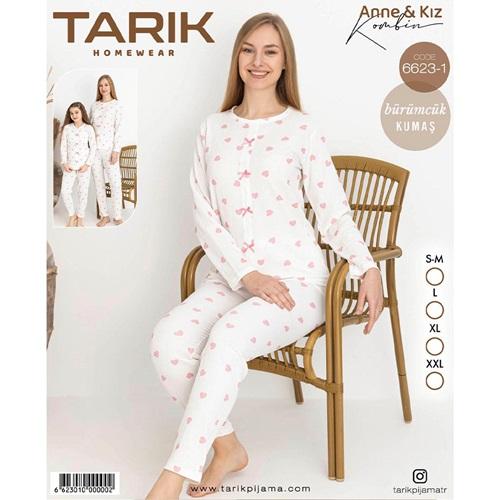 Tarık 6623-1 Bayan Bürümcük Kumaş Kalp Baskılı Uzun Kol Pijama Takımı SM-2XL - Karışık Renk - S-M-L-XL-2XL