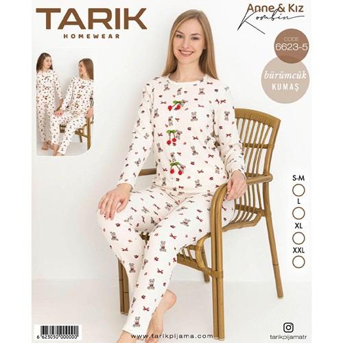 Tarık 6623-5 Bayan Bürümcük Kumaş Ayıcık Baskılı Uzun Kol Pijama Takımı SM-2XL - Karışık Renk - S-M-L-XL-2XL