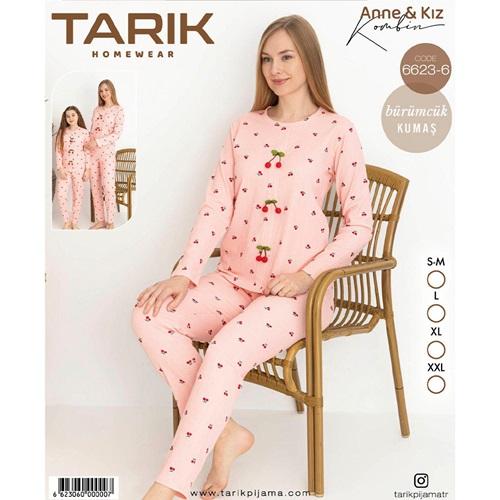 Tarık 6623-6 Bayan Bürümcük Kumaş Kiraz Baskılı Uzun Kol Pijama Takımı SM-2XL