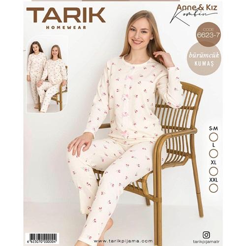 Tarık 6623-7 Bayan Bürümcük Kumaş Çiçek Baskılı Uzun Kol Pijama Takımı SM-2XL - Karışık Renk - S-M-L-XL-2XL