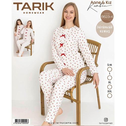 Tarık 6623-4 Bayan Bürümcük Kumaş Çilek Baskılı Uzun Kol Pijama Takımı SM-2XL - Karışık Renk - S-M-L-XL-2XL