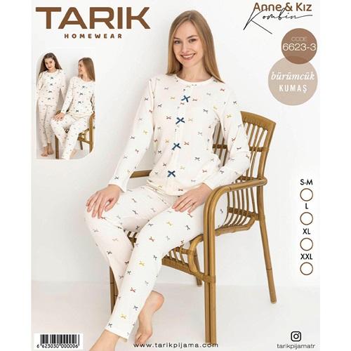 Tarık 6623-3 Bayan Bürümcük Kumaş Fiyonk Baskılı Uzun Kol Pijama Takımı SM-2XL - Karışık Renk - S-M-L-XL-2XL