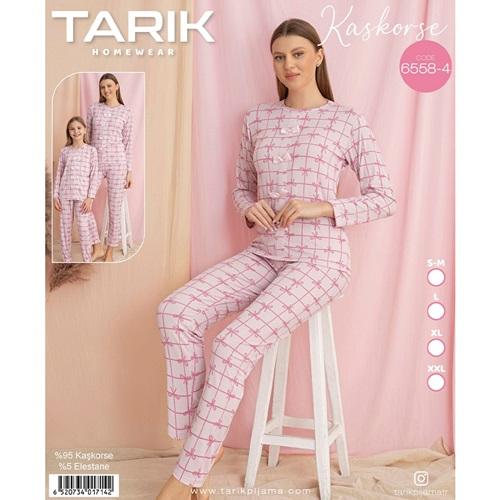 Tarık 6558-4 Bayan Kaşkorse Fiyonk Baskılı Uzun Kol Pijama Takımı SM-2XL - Karışık Renk - S-M-L-XL-2XL
