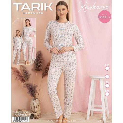 Tarık 6558-7 Bayan Kaşkorse Çiçek Baskılı Uzun Kol Pijama Takımı SM-2XL