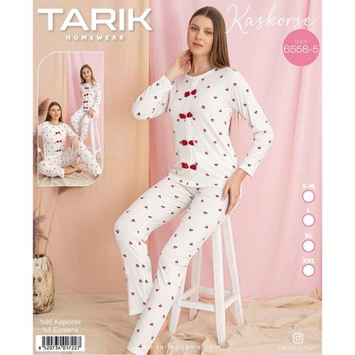 Tarık 6558-5 Bayan Kaşkorse Kiraz Baskılı Uzun Kol Pijama Takımı SM-2XL - Karışık Renk - S-M-L-XL-2XL