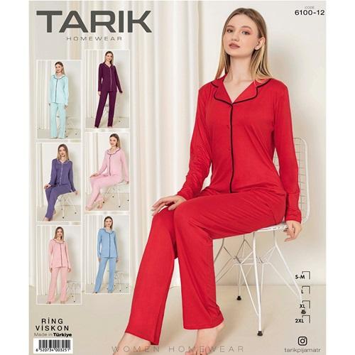 Tarık 6100-12 Bayan Ring Viskon Önden Düğmeli Uzun Kol Pijama Takımı S-2XL
