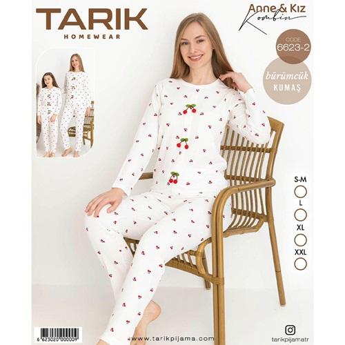 Tarık 6623-2 Bayan Bürümcük Kumaş Kiraz Baskılı Uzun Kol Pijama Takımı SM-2XL - Karışık Renk - S-M-L-XL-2XL