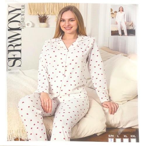 Seramony Srm111 Bayan Milan Ultra Soft Boydan Düğmeli Pijama Takımı S-2XL - Karışık Renk - S-M-L-XL-2XL