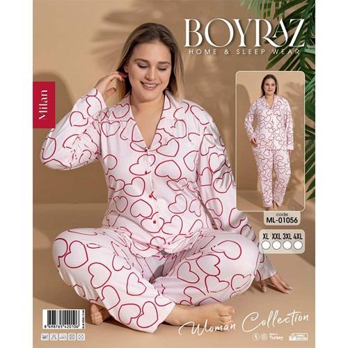 Boyraz Ml-01056 Bayan Battal Milan Desenli Boydan Düğmeli Pijama Takımı 2XL-5XL - Karışık Renk - 2XL-3XL-4XL-5XL