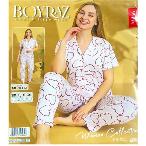 Boyraz Ml-01176 Bayan Milan Desenli Boydan Düğmeli Pijama Takımı S-2XL - Karışık Renk - S-M-L-XL-2XL