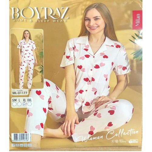 Boyraz Ml-01177 Bayan Milan Desenli Boydan Düğmeli Pijama Takımı S-2XL - Karışık Renk - S-M-L-XL-2XL