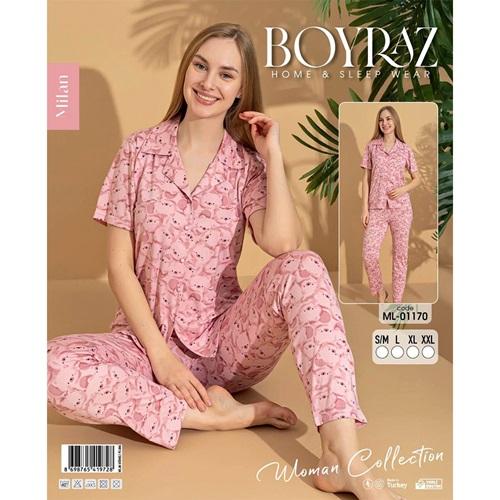 Boyraz Ml-01170 Bayan Milan Desenli Boydan Düğmeli Kısa Kol Pijama Takımı S-2XL