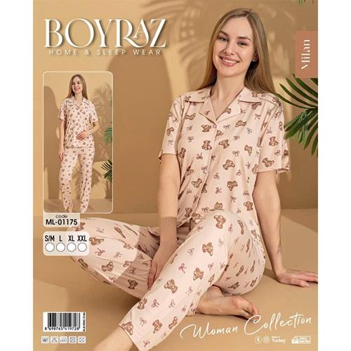 Boyraz Ml-01175 Bayan Milan Desenli Boydan Düğmeli Kısa Kol Pijama Takımı S-2XL - Karışık Renk - S-M-L-XL-2XL