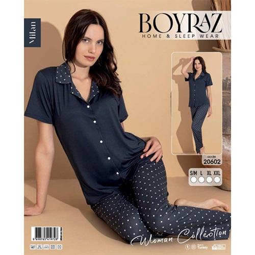 Boyraz 20602 Bayan Milan Desenli Boydan Düğmeli Kısa Kol Pijama Takımı S-2XL - Karışık Renk - S-M-L-XL-2XL