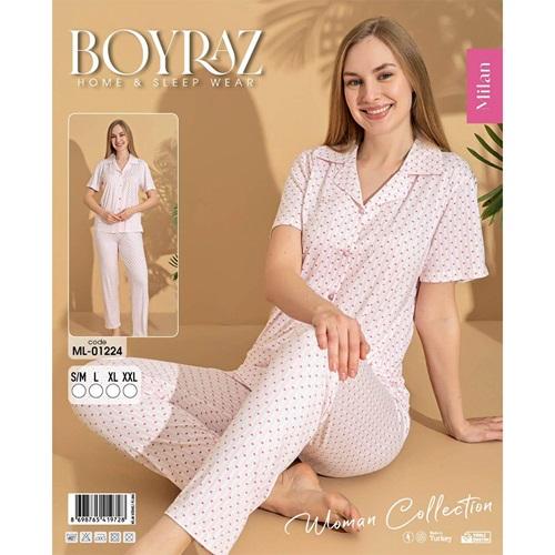 Boyraz Ml-01224 Bayan Milan Desenli Boydan Düğmeli Kısa Kol Pijama Takımı S-2XL
