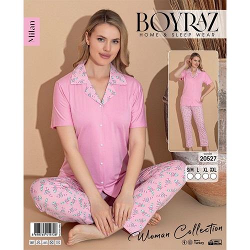 Boyraz 20527 Bayan Milan Desenli Boydan Düğmeli Kısa Kol Pijama Takımı S-2XL