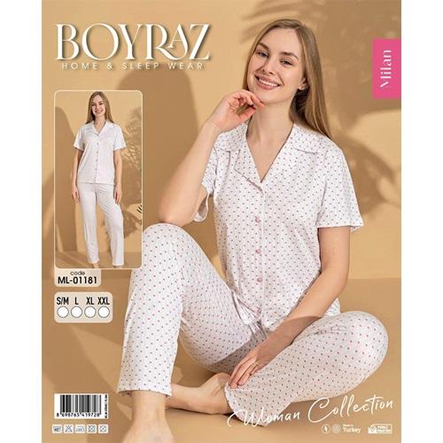 Boyraz Ml-01181 Bayan Milan Desenli Boydan Düğmeli Kısa Kol Pijama Takımı S-2XL