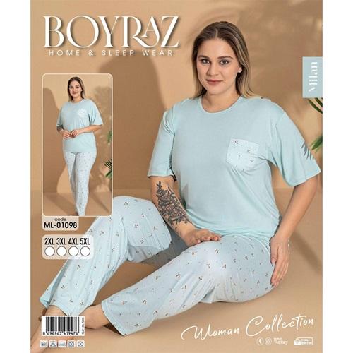 Boyraz Ml-01098 Bayan Battal Milan Desenli Kısa Kol Pijama Takımı 2XL-5XL - Karışık Renk - 2XL-3XL-4XL-5XL