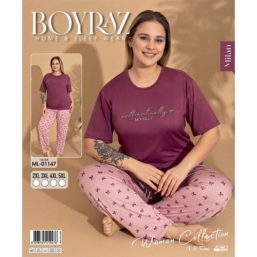 Boyraz Ml-01147 Bayan Battal Milan Desenli Kısa Kol Pijama Takımı 2XL-5XL - Karışık Renk - 2XL-3XL-4XL-5XL