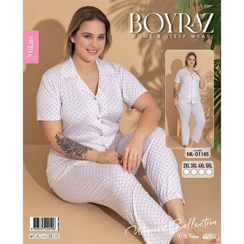 Boyraz Ml-01185 Bayan Battal Milan Desenli Boydan Düğmeli Kısa Kol Pijama Takımı 2XL-5XL