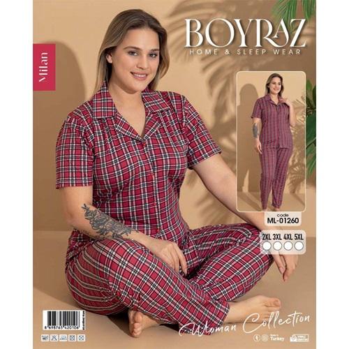 Boyraz Ml-01260 Bayan Battal Milan Desenli Boydan Düğmeli Kısa Kol Pijama Takımı 2XL-5XL - Karışık Renk - 2XL-3XL-4XL-5XL