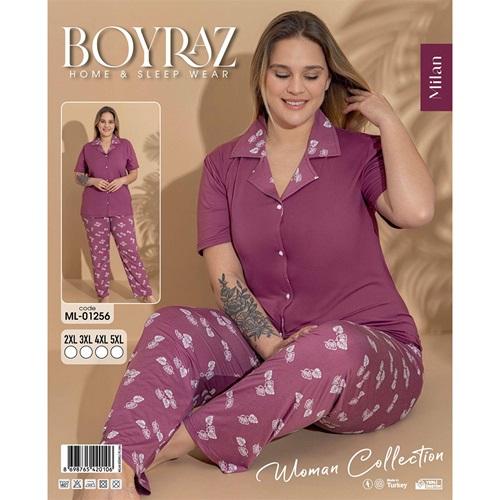 Boyraz Ml-01256 Bayan Battal Milan Desenli Boydan Düğmeli Kısa Kol Pijama Takımı 2XL-5XL - Karışık Renk - 2XL-3XL-4XL-5XL