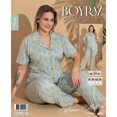 Boyraz Ml-01193 Bayan Battal Milan Desenli Boydan Düğmeli Kısa Kol Pijama Takımı 2XL-5XL - Karışık Renk - 2XL-3XL-4XL-5XL