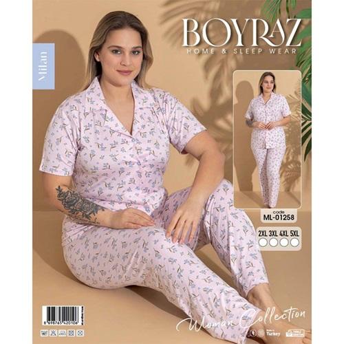 Boyraz Ml-01258 Bayan Battal Milan Desenli Boydan Düğmeli Kısa Kol Pijama Takımı 2XL-5XL - Karışık Renk - 2XL-3XL-4XL-5XL