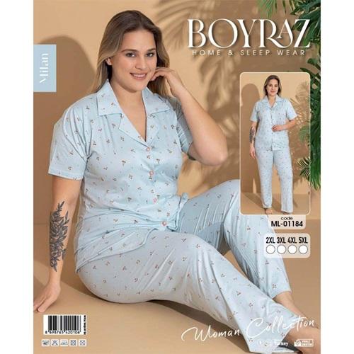Boyraz Ml-01184 Bayan Battal Milan Desenli Boydan Düğmeli Kısa Kol Pijama Takımı 2XL-5XL - Karışık Renk - 2XL-3XL-4XL-5XL