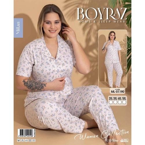 Boyraz Ml-01190 Bayan Battal Milan Desenli Boydan Düğmeli Kısa Kol Pijama Takımı 2XL-5XL