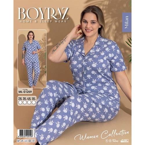 Boyraz Ml-01259 Bayan Battal Milan Desenli Boydan Düğmeli Kısa Kol Pijama Takımı 2XL-5XL